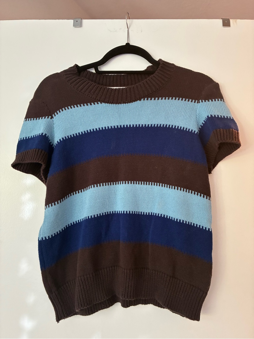 YMC You Must Create 100% Cotton Striped Knit Sweater Brown Blue Short Sleeve M